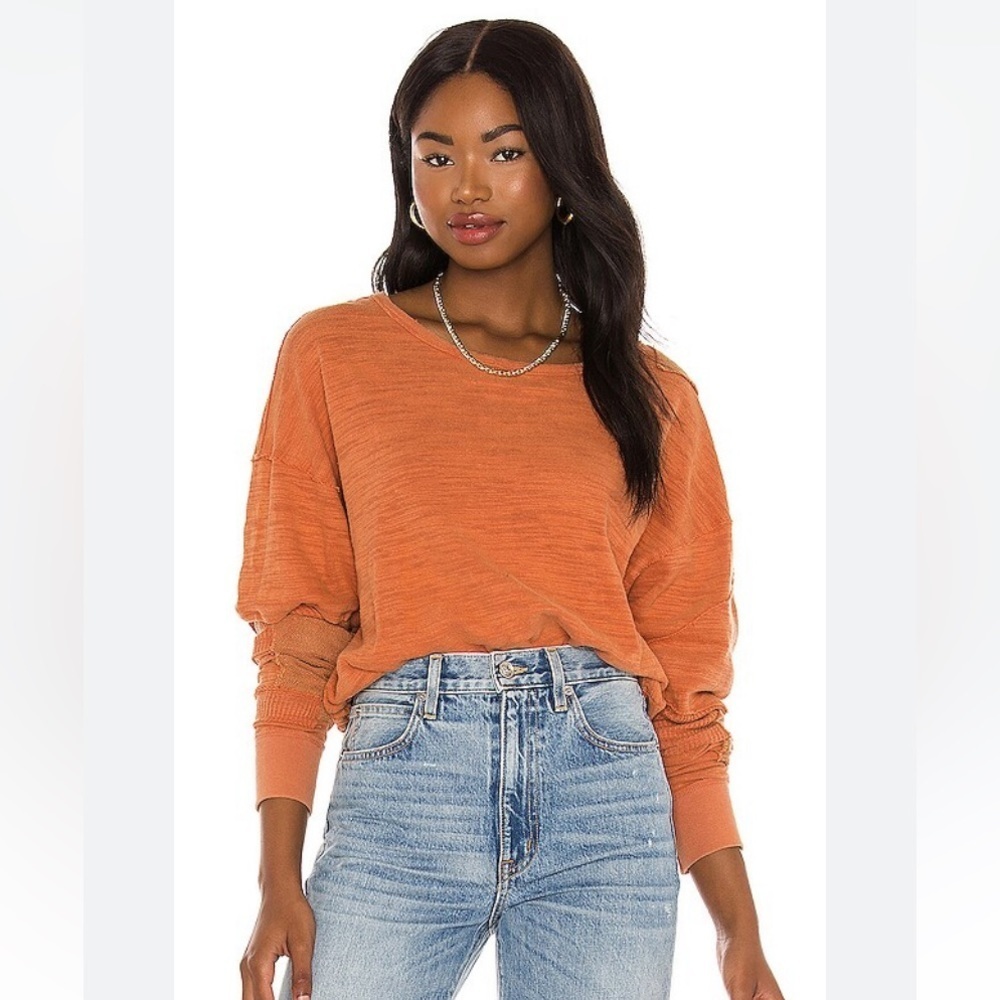 Free People Five Star Long Sleeve Tee in Sweet Cinnamon Patches Sweatshirt sz S